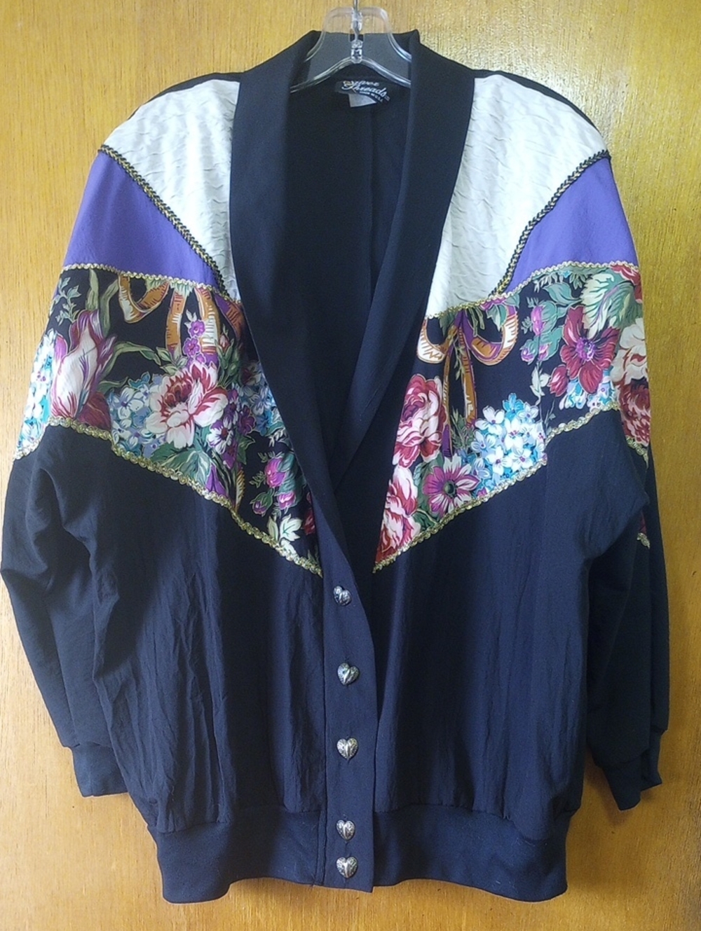 Silver Threads Colorful Floral Jacket w/ Gold Trim & Heart Buttons. Plus Size 2X